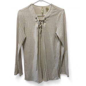 Chenault Cream Ribbed Tie Front Blouse- Lace-Up Top